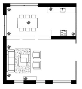 Plan avant optimisation d’une pièce à vivre avec cuisine ouverte – projet Madame Dek