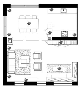 Plan 3D après optimisation d’une pièce à vivre avec rangement intégré – projet Madame Dek